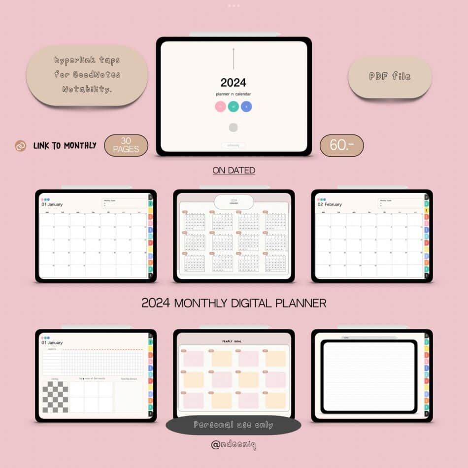 2024 monthly digital planner w/hyperlink pink - BEARTOR